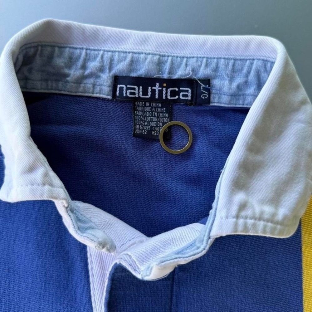 Nautica US2 USA navy and yellow long sleeve polo shirt rugby polo VTG PREPPY - Picture 3 of 8